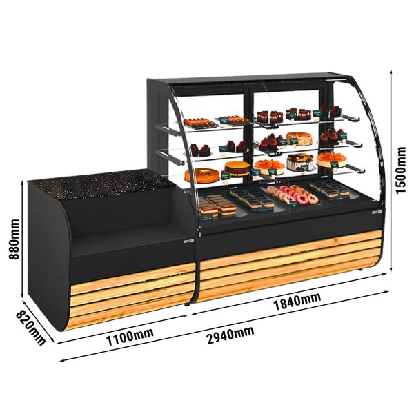 Kuchenvitrine - 1840mm - mit LED-Beleuchtung & 3 Ablagen - inkl. Kassentisch 1100mm