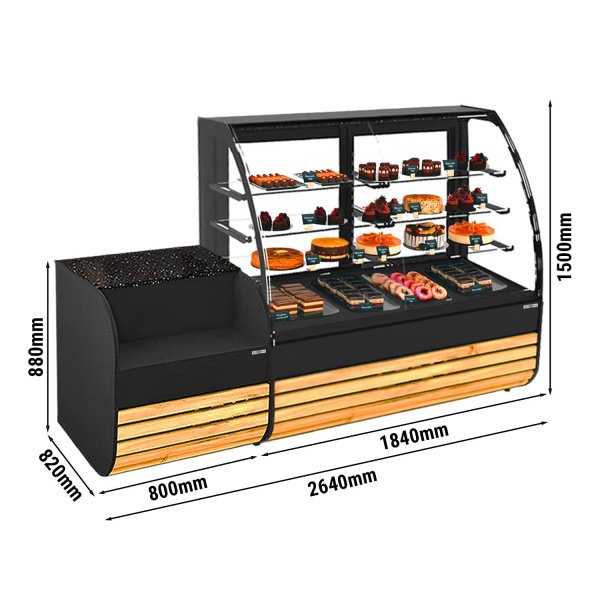 Kuchenvitrine - 1840mm - mit LED-Beleuchtung & 4 Ablagen - inkl. Kassentisch 800mm